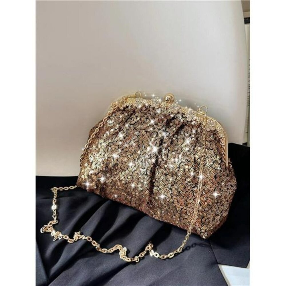 Gold Sequin Rhinestone Decor Ruched Bag for Wedding Formal Dress Clutch Purse